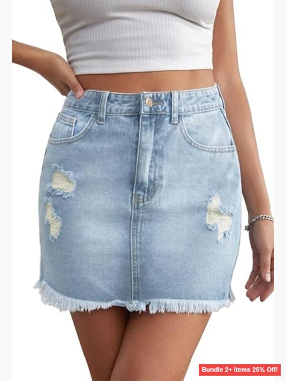 Stretchy Denim Mini Skirt High Waist Bodycon Frayed Hem with Pockets
